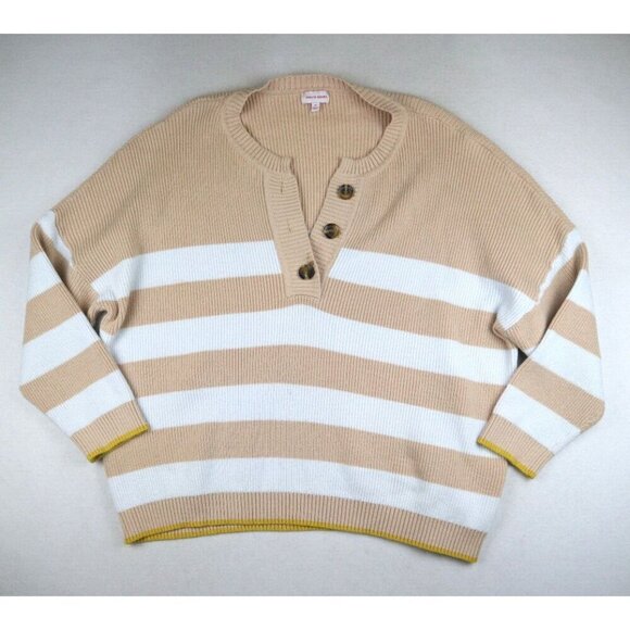 MOLLY & ISADORA - WOMEN'S BEIGE & WHITE STRIPED PULLOVER HENLEY SWEATER - 5X - Picture 2 of 5